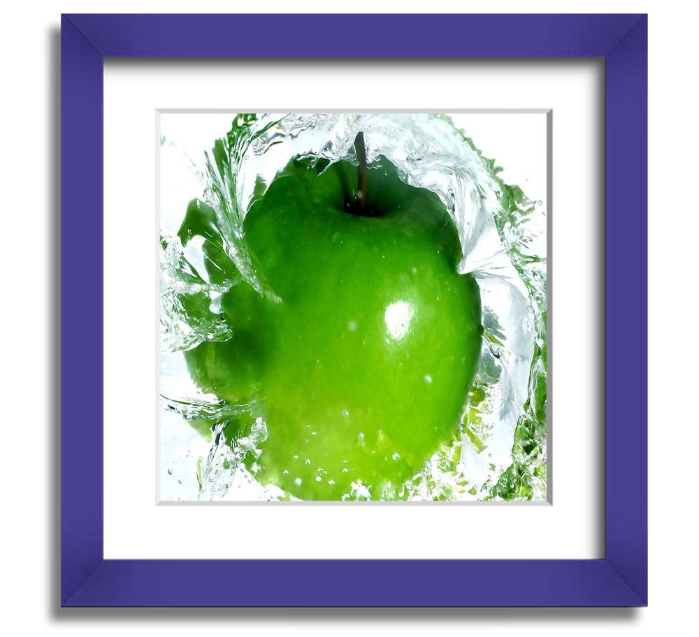 A vibrant square framed print of apples splashing in water, showcasing bright colors and dynamic imagery, ready to hang.