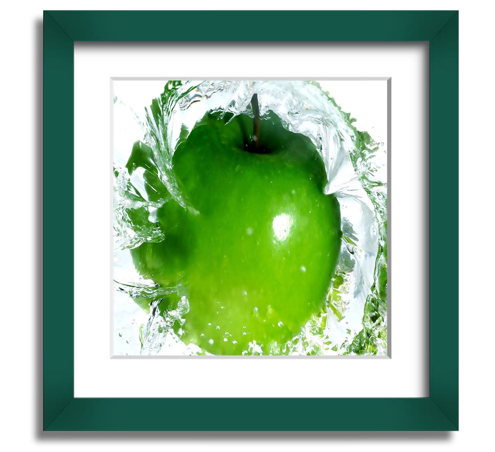 A vibrant square framed print of apples splashing in water, showcasing bright colors and dynamic imagery, ready to hang.