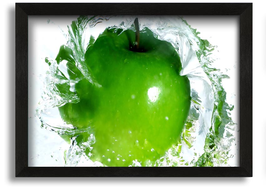 A vibrant framed print of an apple water splash, showcasing dynamic colors and textures, ready to hang on a wall.