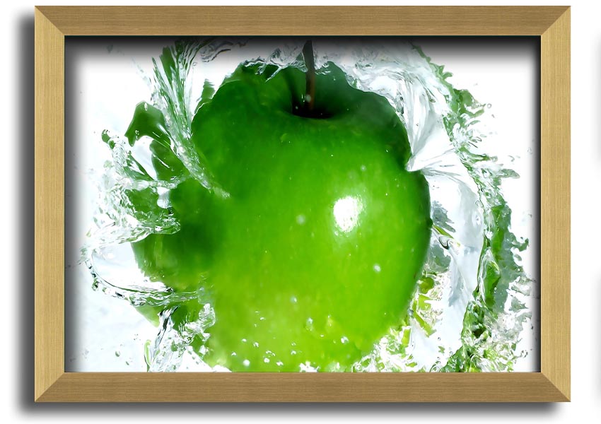 A vibrant framed print of an apple water splash, showcasing dynamic colors and textures, ready to hang on a wall.