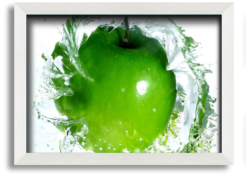 A vibrant framed print of an apple water splash, showcasing dynamic colors and textures, ready to hang on a wall.