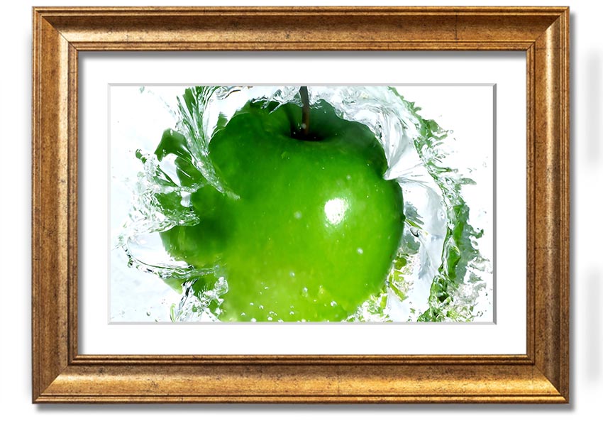 A vibrant framed print of an apple water splash, showcasing dynamic colors and textures, ready to hang on a wall.