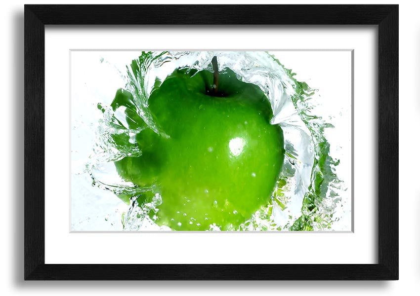 A vibrant framed print of an apple water splash, showcasing dynamic colors and textures, ready to hang on a wall.