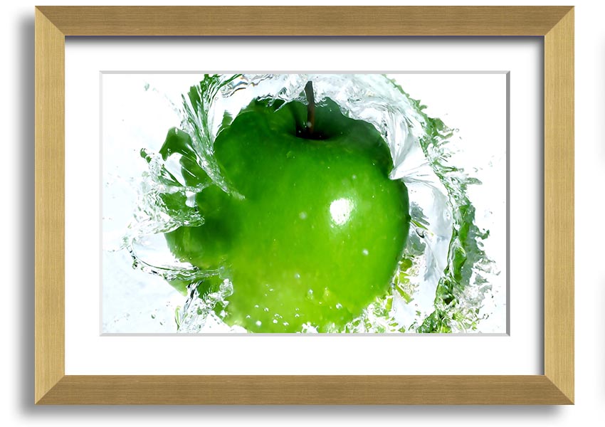 A vibrant framed print of an apple water splash, showcasing dynamic colors and textures, ready to hang on a wall.