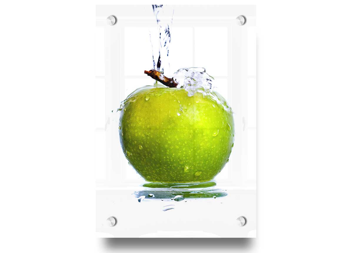 A vibrant acrylic print of an Apple Waterfall, showcasing lush greenery and flowing water, perfect for wall decor.