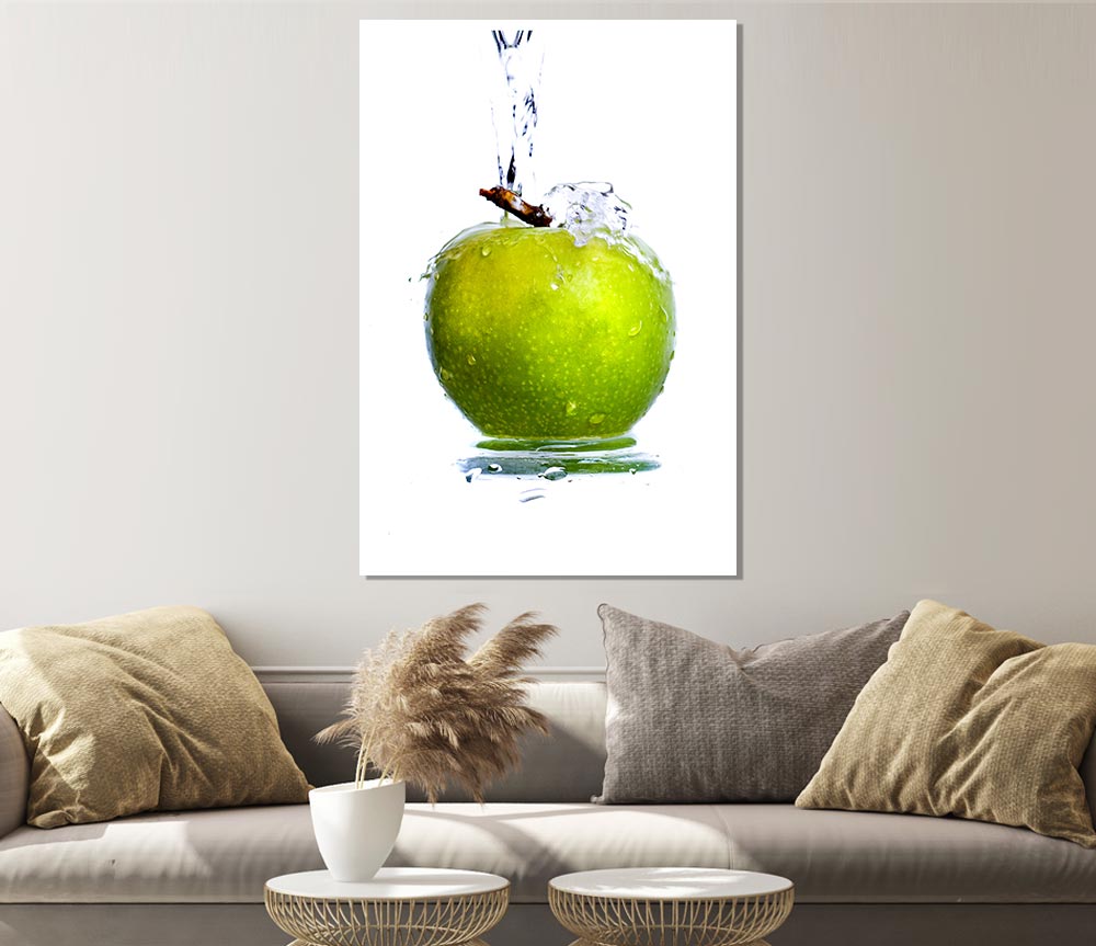 A vibrant Apple Waterfall poster printed on high-quality canvas, showcasing cascading water and lush apples.