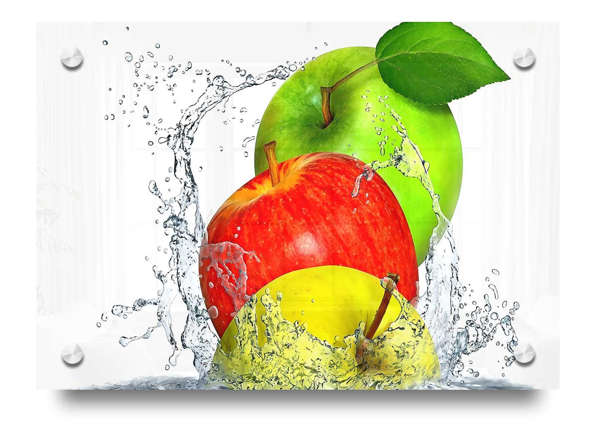 Acrylic print of vibrant apples splashing in water, showcasing bright colors and dynamic movement.