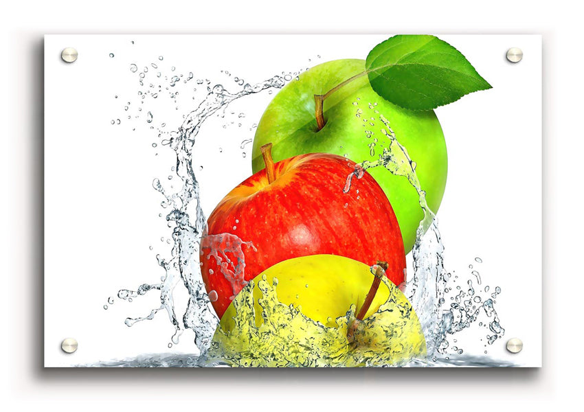 Acrylic print of vibrant apples splashing in water, showcasing bright colors and dynamic movement.