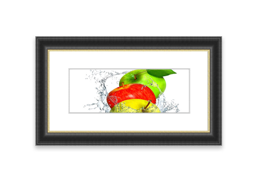 Framed print of apples splashing in water, showcasing vibrant colors and dynamic movement, available in various frame colors.