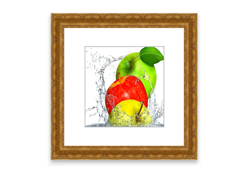 Framed print of apples splashing in water, showcasing vibrant colors and dynamic movement, available in various frame colors.