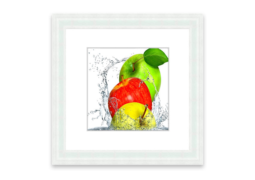 Framed print of apples splashing in water, showcasing vibrant colors and dynamic movement, available in various frame colors.