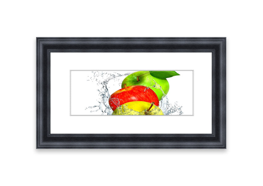 Framed print of apples splashing in water, showcasing vibrant colors and dynamic movement, available in various frame colors.