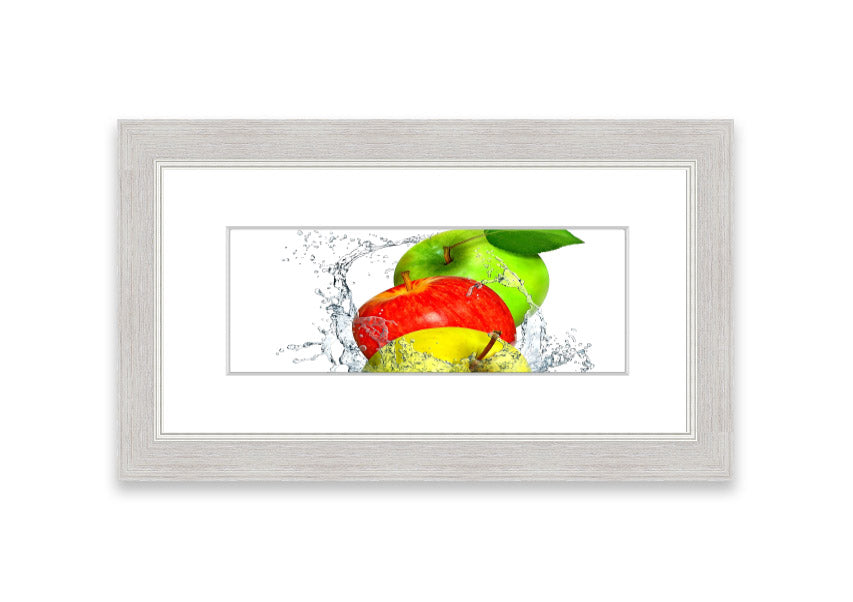 Framed print of apples splashing in water, showcasing vibrant colors and dynamic movement, available in various frame colors.