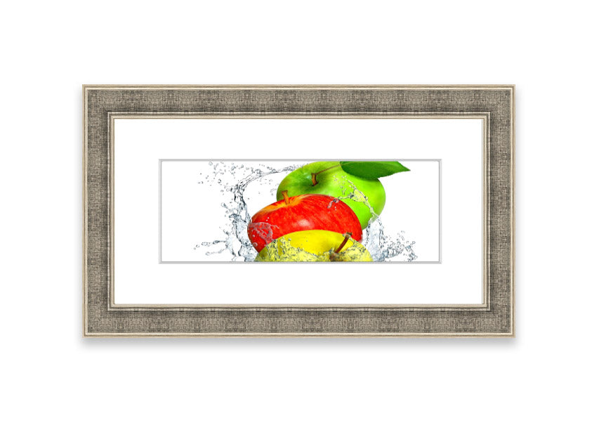 Framed print of apples splashing in water, showcasing vibrant colors and dynamic movement, available in various frame colors.