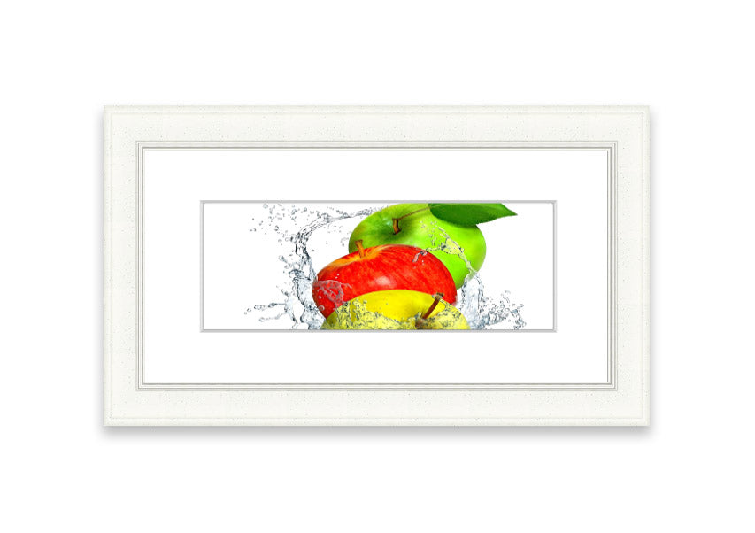 Framed print of apples splashing in water, showcasing vibrant colors and dynamic movement, available in various frame colors.