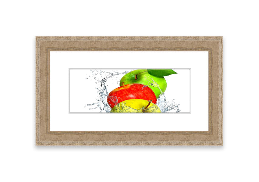 Framed print of apples splashing in water, showcasing vibrant colors and dynamic movement, available in various frame colors.