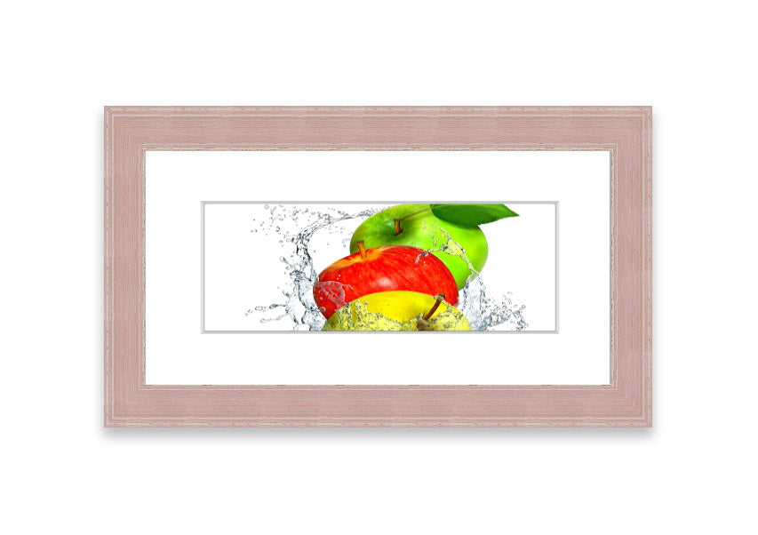 Framed print of apples splashing in water, showcasing vibrant colors and dynamic movement, available in various frame colors.