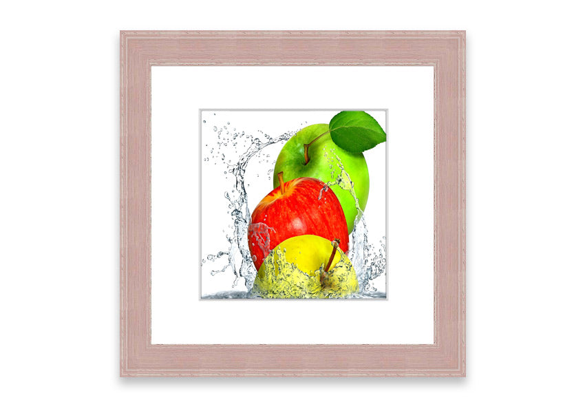 Framed print of apples splashing in water, showcasing vibrant colors and dynamic movement, available in various frame colors.