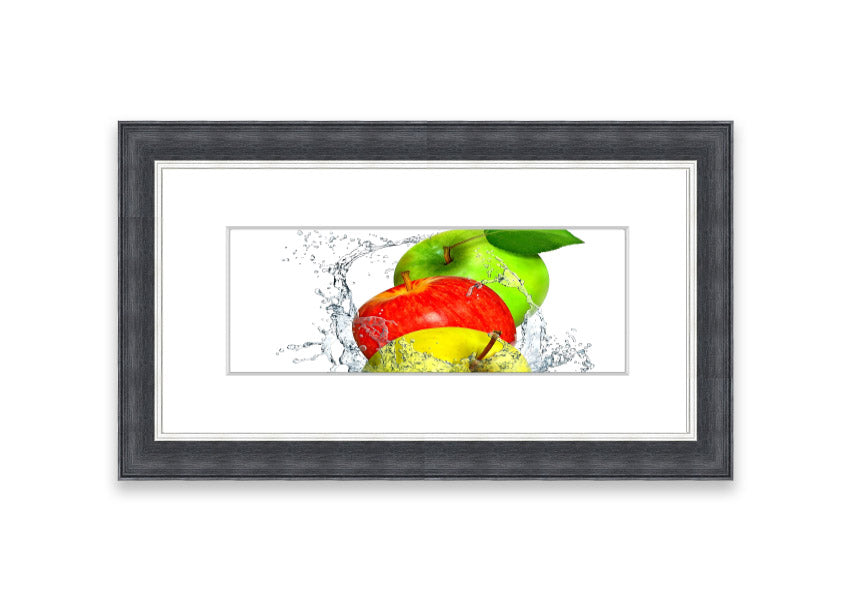 Framed print of apples splashing in water, showcasing vibrant colors and dynamic movement, available in various frame colors.