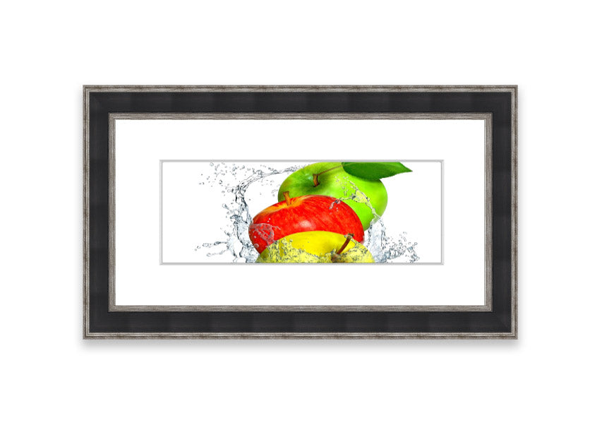 Framed print of apples splashing in water, showcasing vibrant colors and dynamic movement, available in various frame colors.