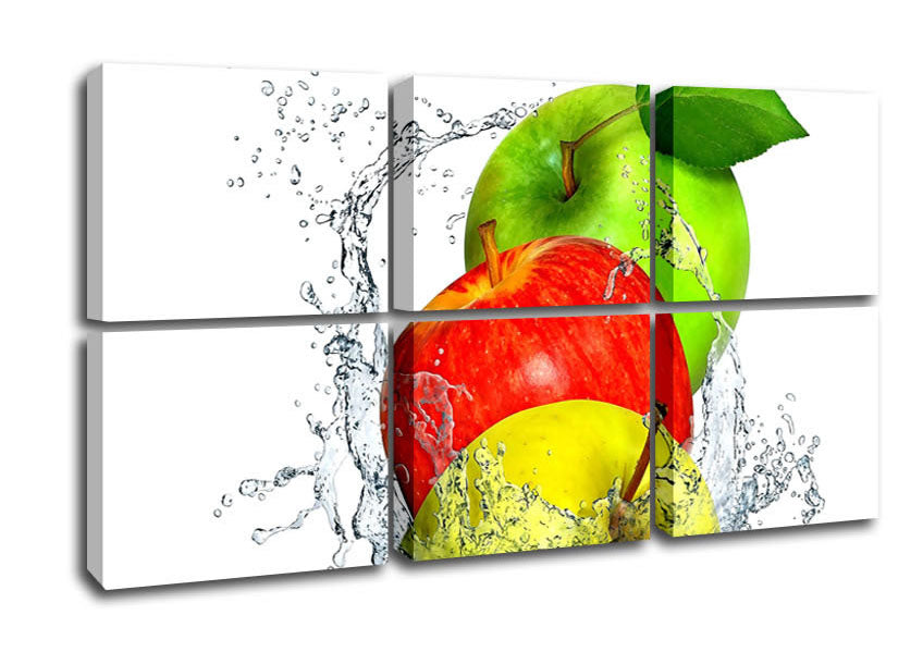 A vibrant canvas artwork featuring apples splashing in water, mounted on a sturdy box frame, ready to hang.