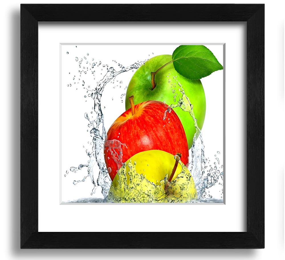 A vibrant square framed print featuring apples splashing in water, showcasing dynamic colors and a refreshing design.