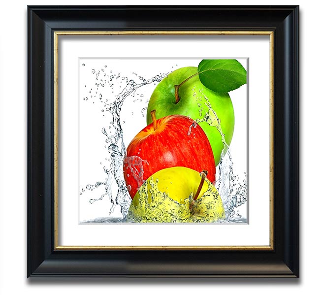 A vibrant square framed print featuring apples splashing in water, showcasing dynamic colors and a refreshing design.