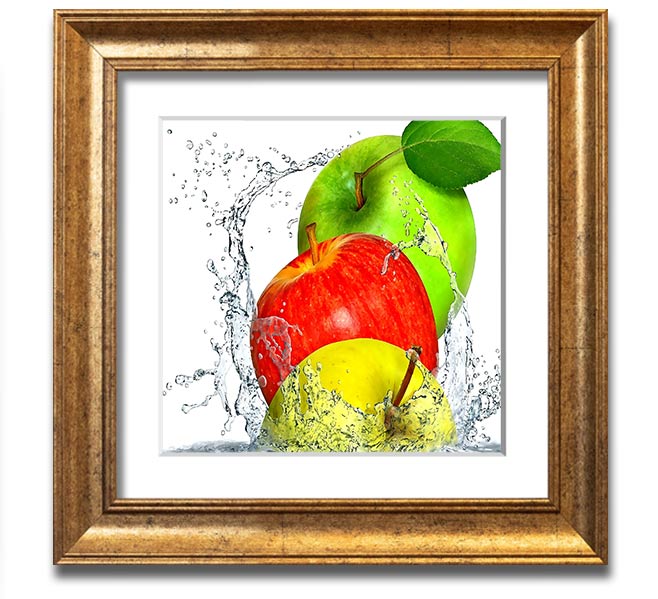 A vibrant square framed print featuring apples splashing in water, showcasing dynamic colors and a refreshing design.