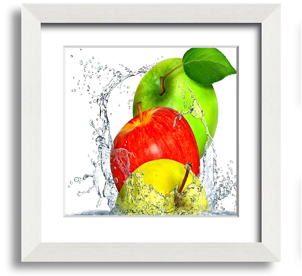 A vibrant square framed print featuring apples splashing in water, showcasing dynamic colors and a refreshing design.