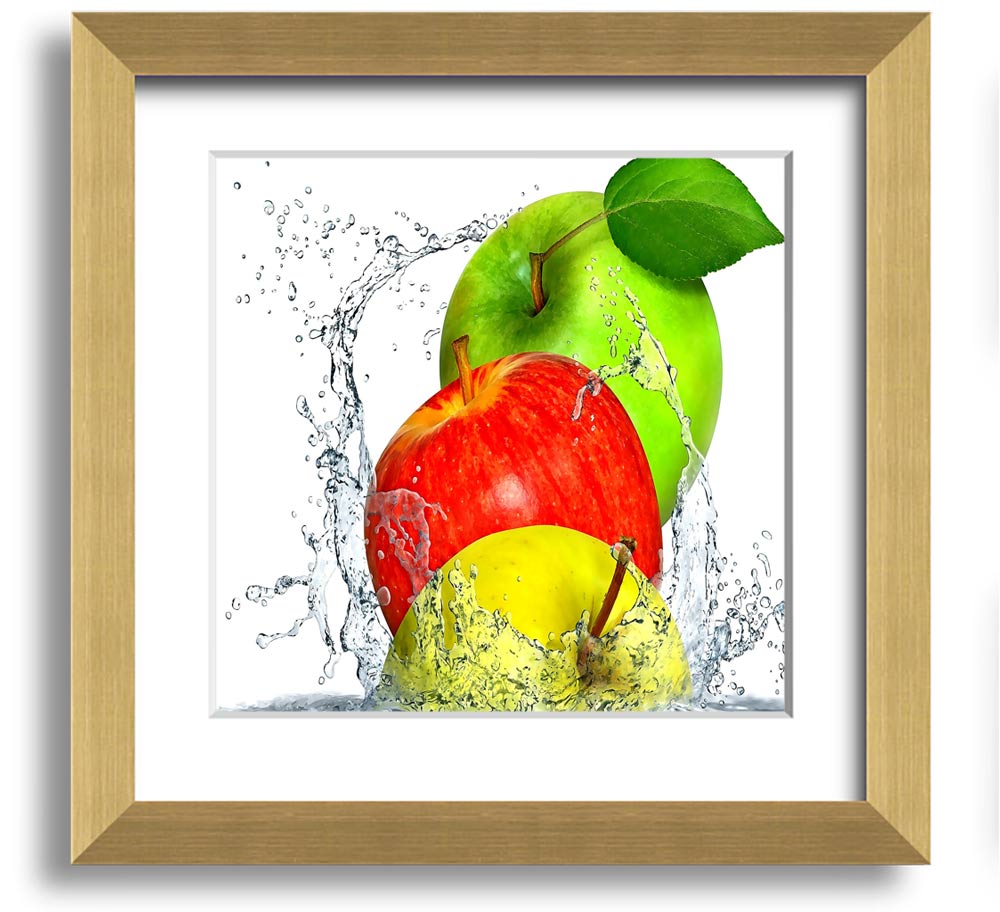 A vibrant square framed print featuring apples splashing in water, showcasing dynamic colors and a refreshing design.