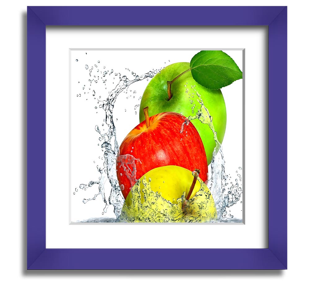 A vibrant square framed print featuring apples splashing in water, showcasing dynamic colors and a refreshing design.