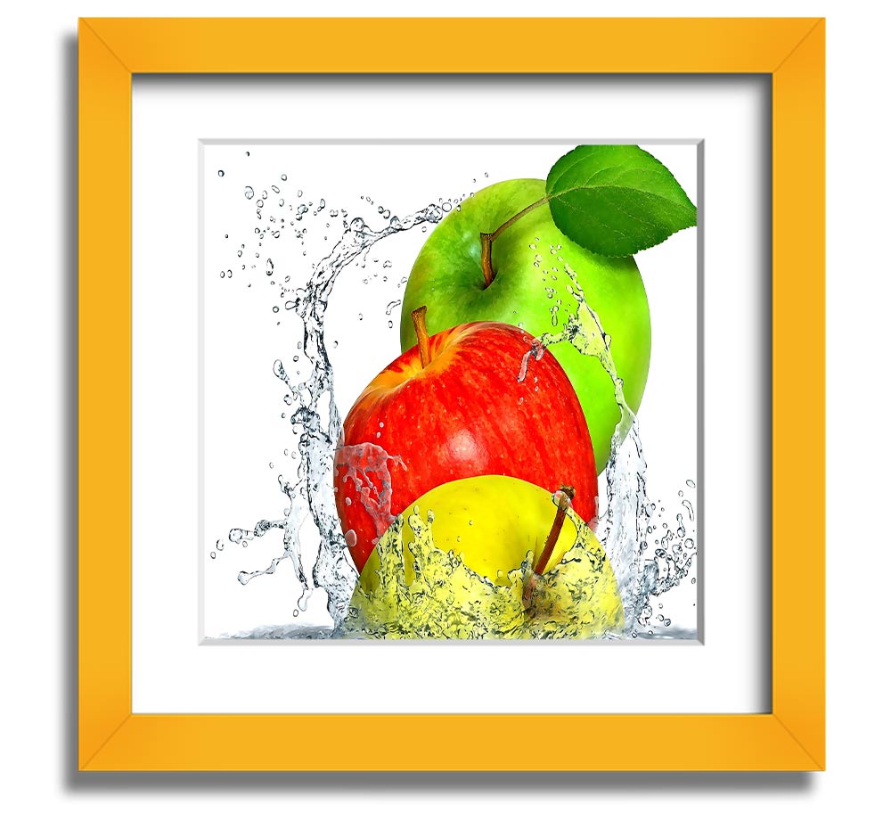 A vibrant square framed print featuring apples splashing in water, showcasing dynamic colors and a refreshing design.