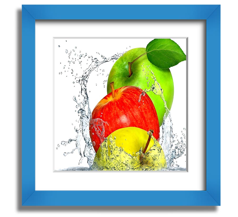 A vibrant square framed print featuring apples splashing in water, showcasing dynamic colors and a refreshing design.