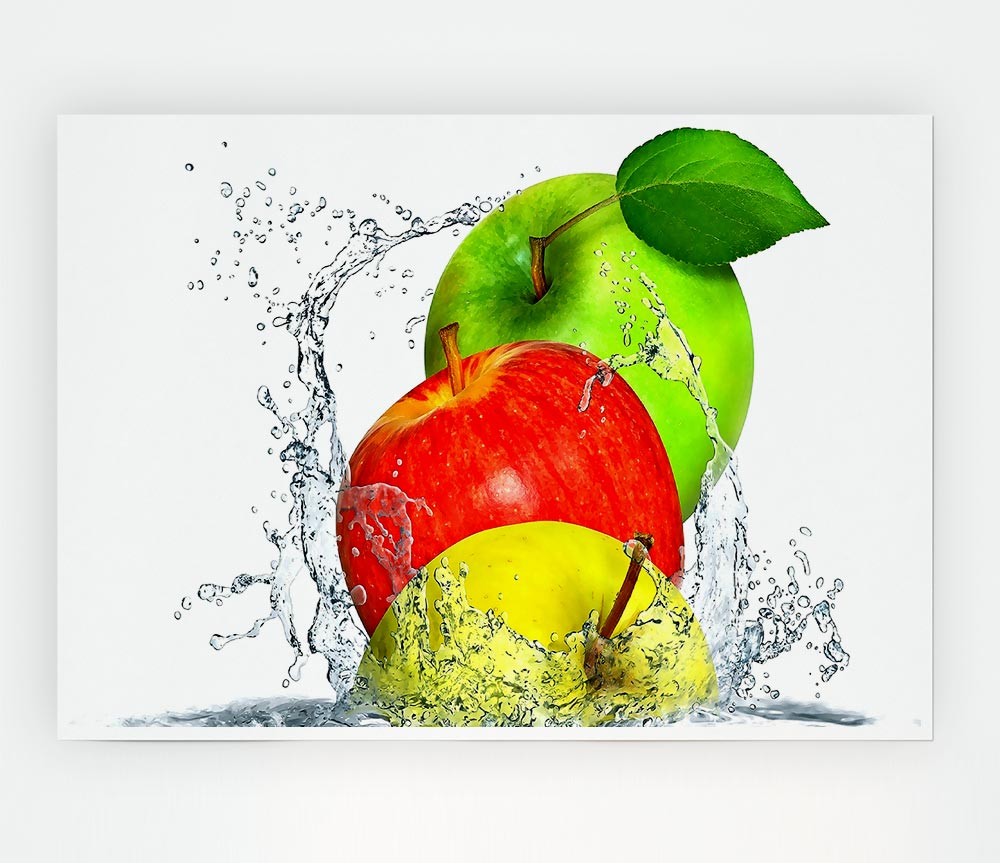 A vibrant canvas poster featuring apples splashing in water, showcasing bright colors and dynamic movement.