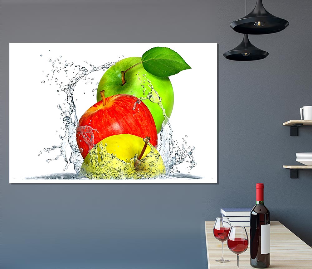 A vibrant canvas poster featuring apples splashing in water, showcasing bright colors and dynamic movement.