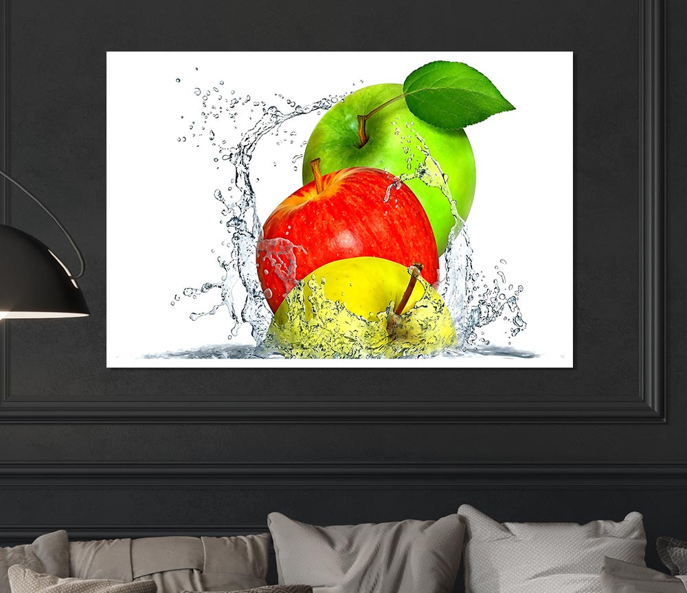 A vibrant canvas poster featuring apples splashing in water, showcasing bright colors and dynamic movement.