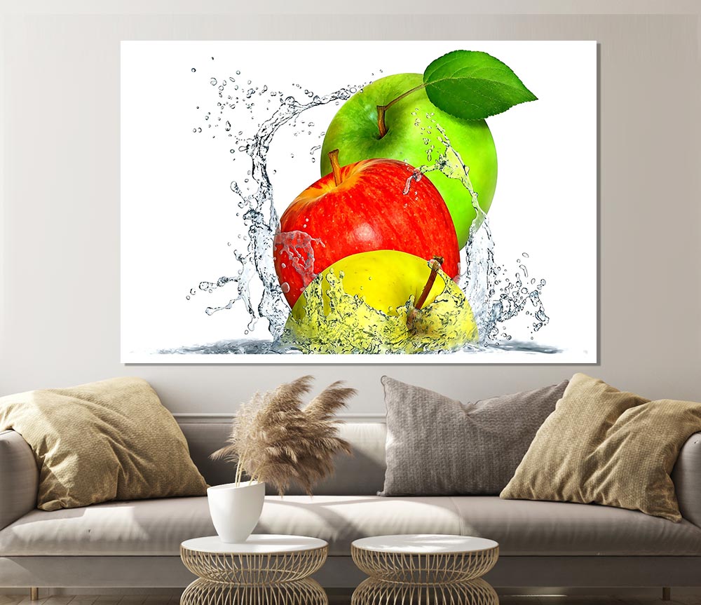 A vibrant canvas poster featuring apples splashing in water, showcasing bright colors and dynamic movement.