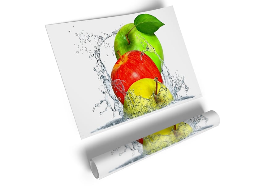 A vibrant canvas poster featuring apples splashing in water, showcasing bright colors and dynamic movement.