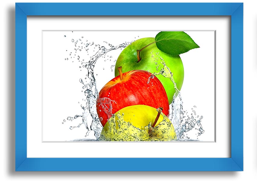 Framed print of apples splashing in water, showcasing vibrant colors and dynamic design, ready to hang.