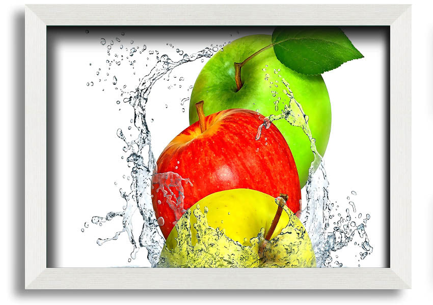 Framed print of apples splashing in water, showcasing vibrant colors and dynamic design, ready to hang.