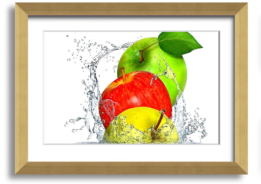 Framed print of apples splashing in water, showcasing vibrant colors and dynamic design, ready to hang.