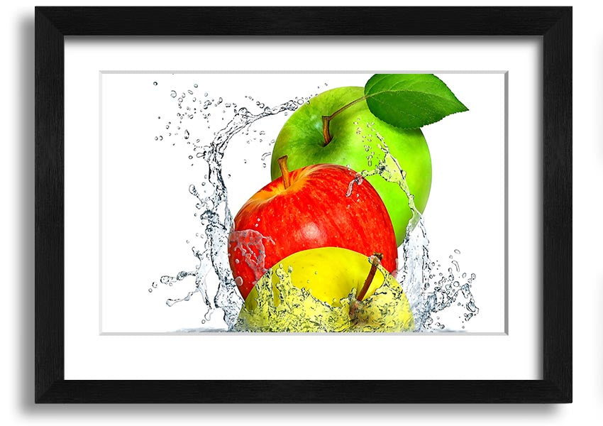 Framed print of apples splashing in water, showcasing vibrant colors and dynamic design, ready to hang.