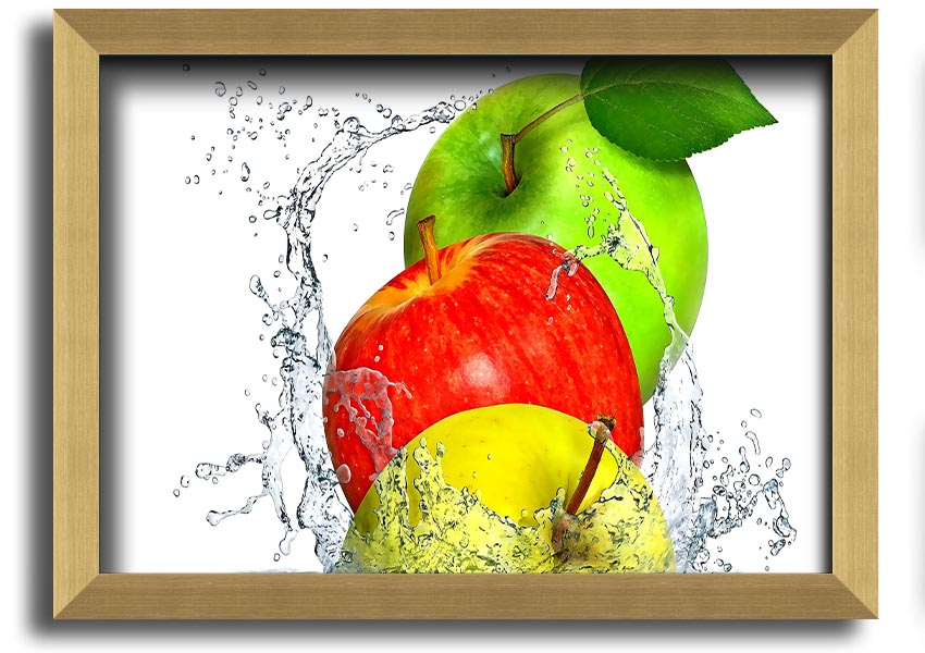 Framed print of apples splashing in water, showcasing vibrant colors and dynamic design, ready to hang.