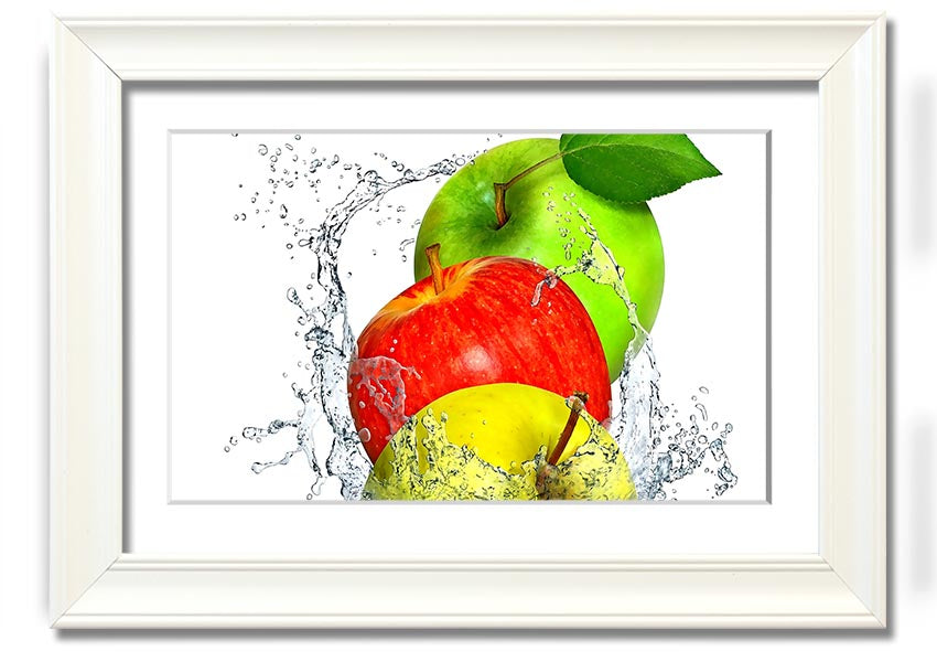 Framed print of apples splashing in water, showcasing vibrant colors and dynamic design, ready to hang.