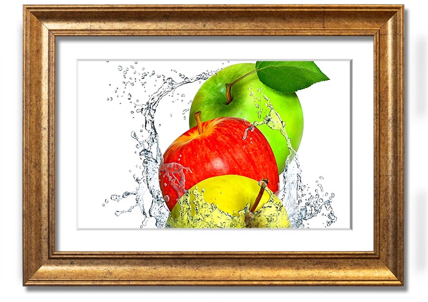 Framed print of apples splashing in water, showcasing vibrant colors and dynamic design, ready to hang.