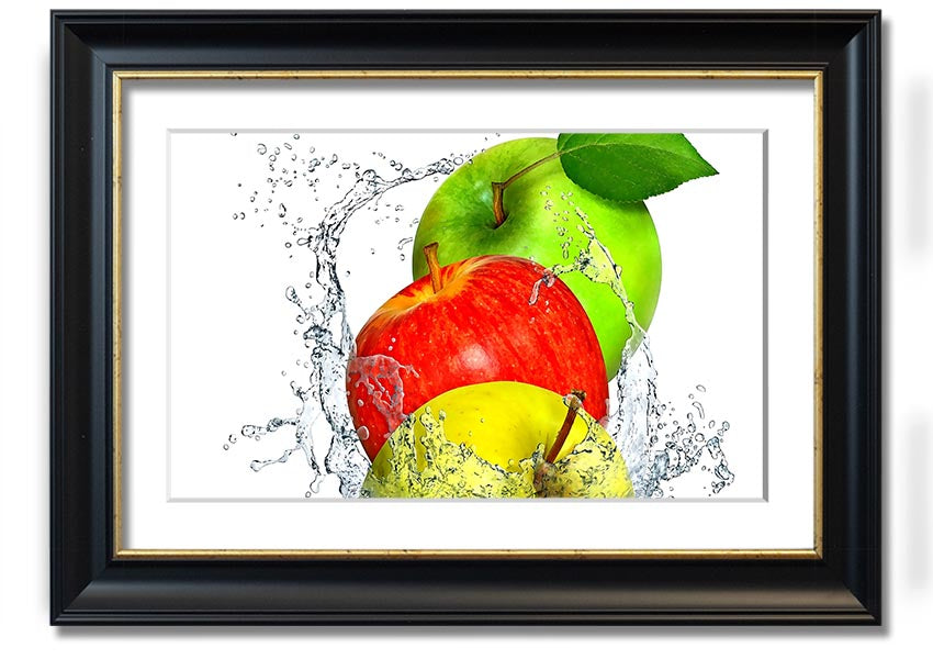 Framed print of apples splashing in water, showcasing vibrant colors and dynamic design, ready to hang.