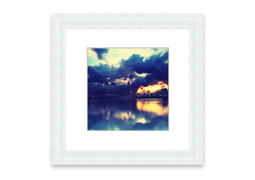 Framed print of an apocalyptic sunset with vibrant colors, ready to hang.