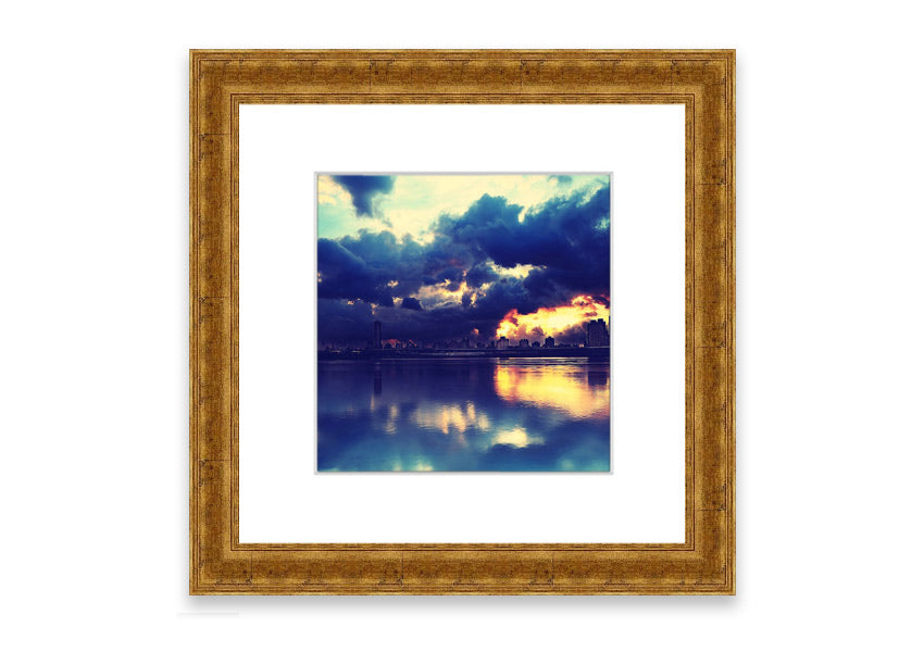 Framed print of an apocalyptic sunset with vibrant colors, ready to hang.