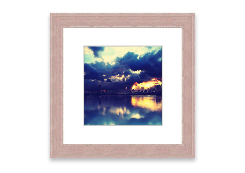 Framed print of an apocalyptic sunset with vibrant colors, ready to hang.