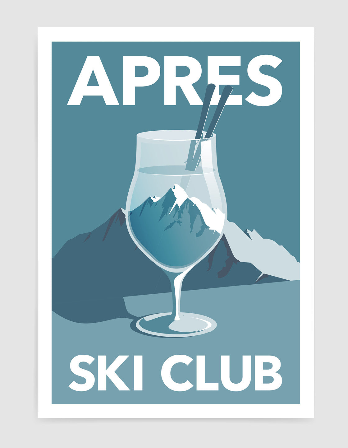 A personalized ski poster featuring a Ski Club headline, perfect for apres ski enthusiasts, displayed in a stylish gallery wall setting.